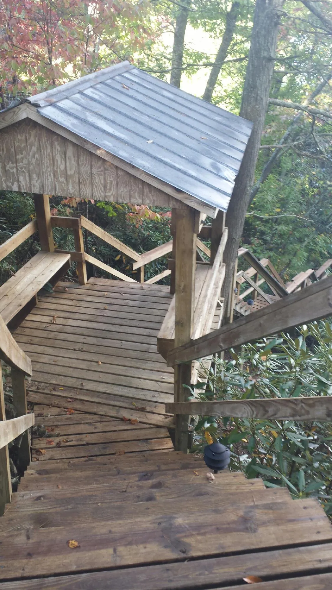 Metal roofed shelter over wooden steps on a wooded walkway — Skylight Repair & Installation work by our crew in Ashfield